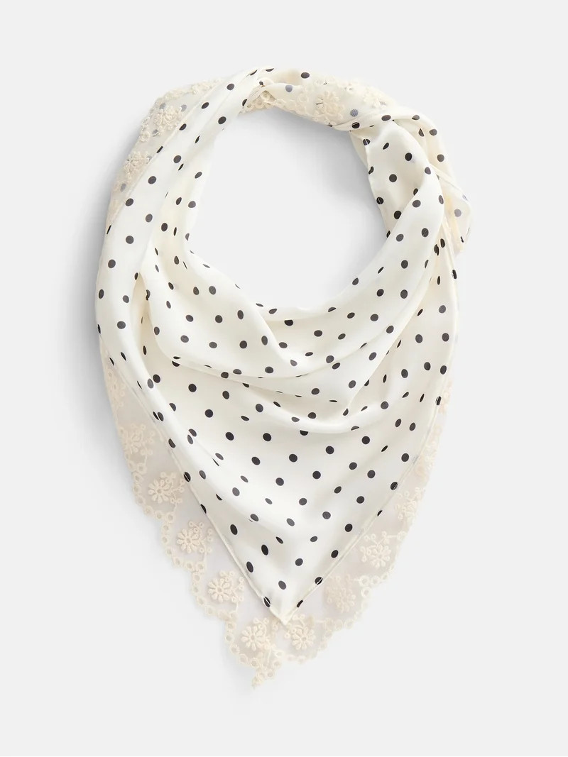 No Boundaries Women's Triangle Scarf with Lace Trim, Cream Dot | Walmart (US)