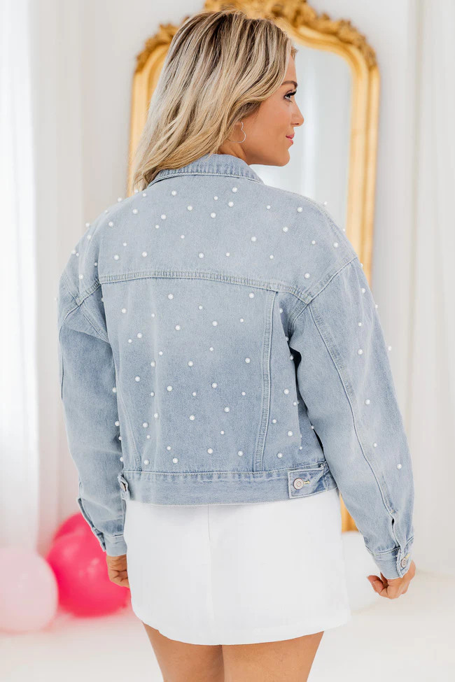 Kiss From A Rose Medium Wash Pearl Denim Jacket | Pink Lily