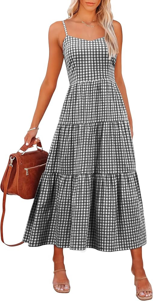 ANRABESS Womens Summer Midi Dresses Casual Striped Plaid Sleeveless Flowy Maxi Dress 2026 Beach V... | Amazon (US)