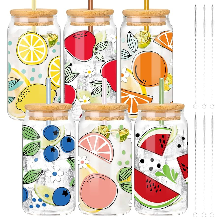 Whaline 6Pcs Summer Fruit Drinking Glasses Colorful Fruit Glass Cup 16oz Iced Coffee Cup with Lid... | Amazon (US)