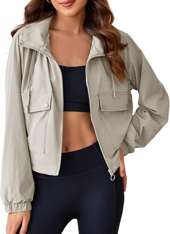 Tankaneo Womens Lightweight Cropped Jackets Hooded Long Sleeve Zipper Anorak Coat with Pockets | Amazon (US)