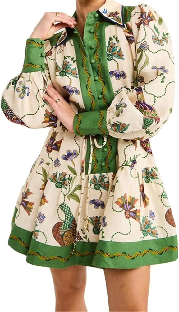 Qikaka Women's Long Puff Sleeve Lapel V Neck Button Printed Bodycon Sexy Nightclub Party Holiday ... | Amazon (US)