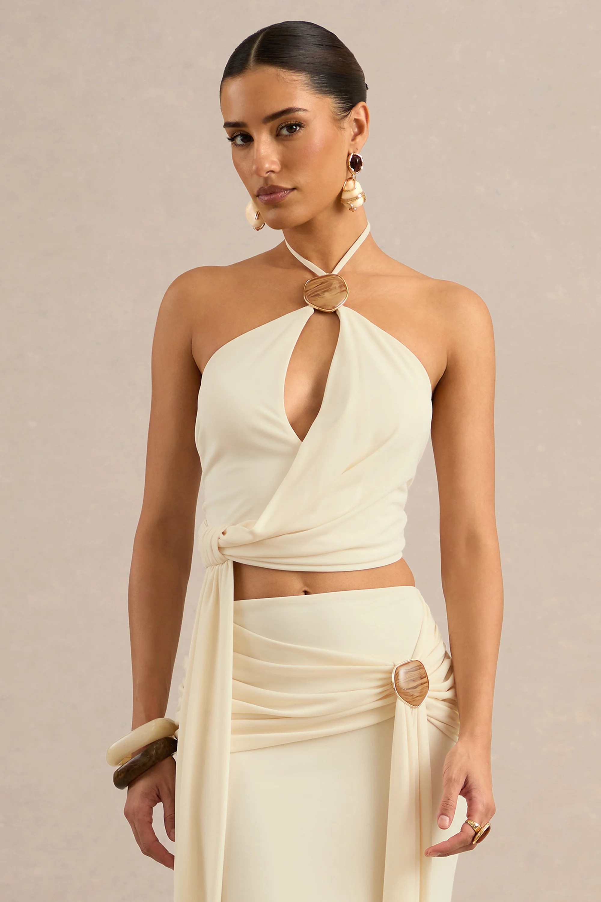 Liviana | Cream Halter-Neck Top With Sash Detailing And Gold Detail | Club L London