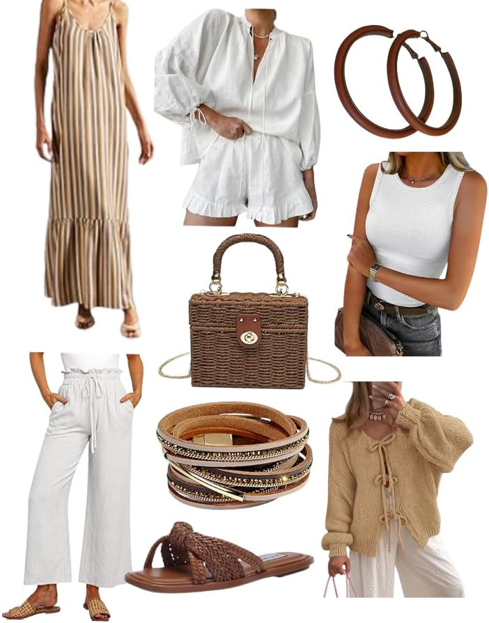 Camel + white outfit ideas for effortless summer style 🤎🤍 Loving these neutral warm-weather pieces for vacation outfits, beach dinners, brunch, travel days, and everyday summer looks. Style the striped maxi dress with woven sandals, pair white linen pants with a classic tank, or throw the camel knit cardigan over a simple neutral base for an easy coastal chic outfit. Linking the linen set, striped dress, white tank, raffia bag, sandals, hoop earrings, bracelet stack, cardigan, and similar finds on my LTK!
#LTKStyleTip #LTKFinds #LTKFashion #NeutralStyle #SummerOutfit #VacationOutfit #CoastalStyle #LinenOutfit #WhiteLinenPants #RaffiaBag #WovenSandals #CamelCardigan #SummerStyle #CasualOutfit #TravelStyle #BeachVacationStyle #NeutralOutfit #ResortWear #oldmoney 

 #LTKdayinmylife #LTKootd #LTKOver40