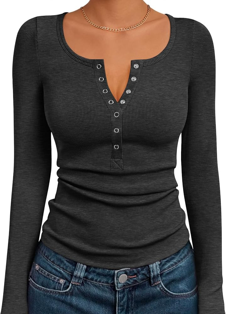 AUTOMET Womens Long Sleeve Shirts Henley Button Down Ribbed Knit Fall Tops Teen Girls Basic Tee 2... | Amazon (US)