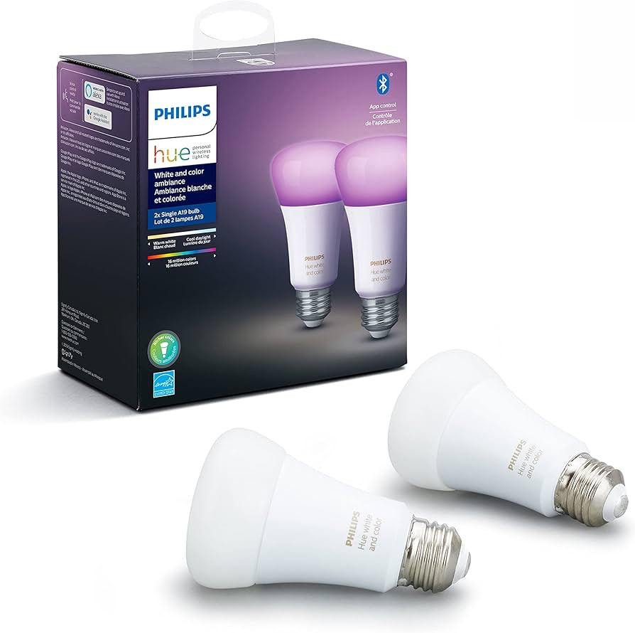 Philips Hue Smart 60W A19 LED Bulb - White and Color Ambiance Color-Changing Light - 2 Pack - 800... | Amazon (US)