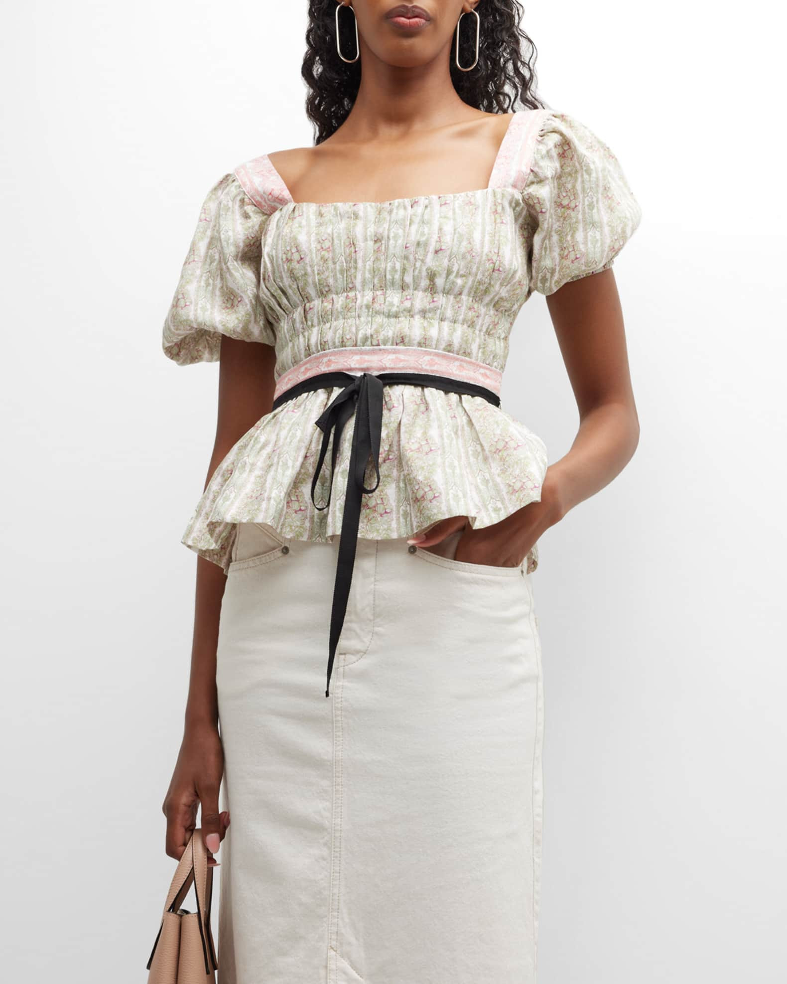 Lug Von Siga Monica Printed Linen Puffed-Sleeve Peplum Blouse | Neiman Marcus