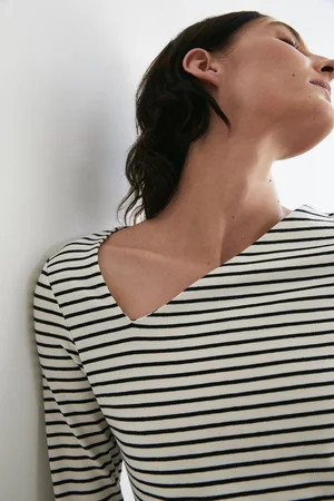 Cotton Stripe Asymmetric Neck Long Sleeve Top | Warehouse UK & IE