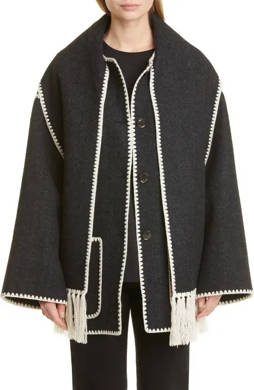 TOTEME Chain Stitch Wool Blend Scarf Jacket in Dark Grey Melange at Nordstrom, Size 10 Us | Nordstrom