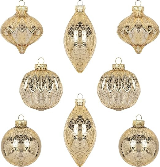 KI Store Mercury Glass Christmas Ornaments Set of 8 Champagne Gold Hanging Christmas Balls Finial... | Amazon (US)