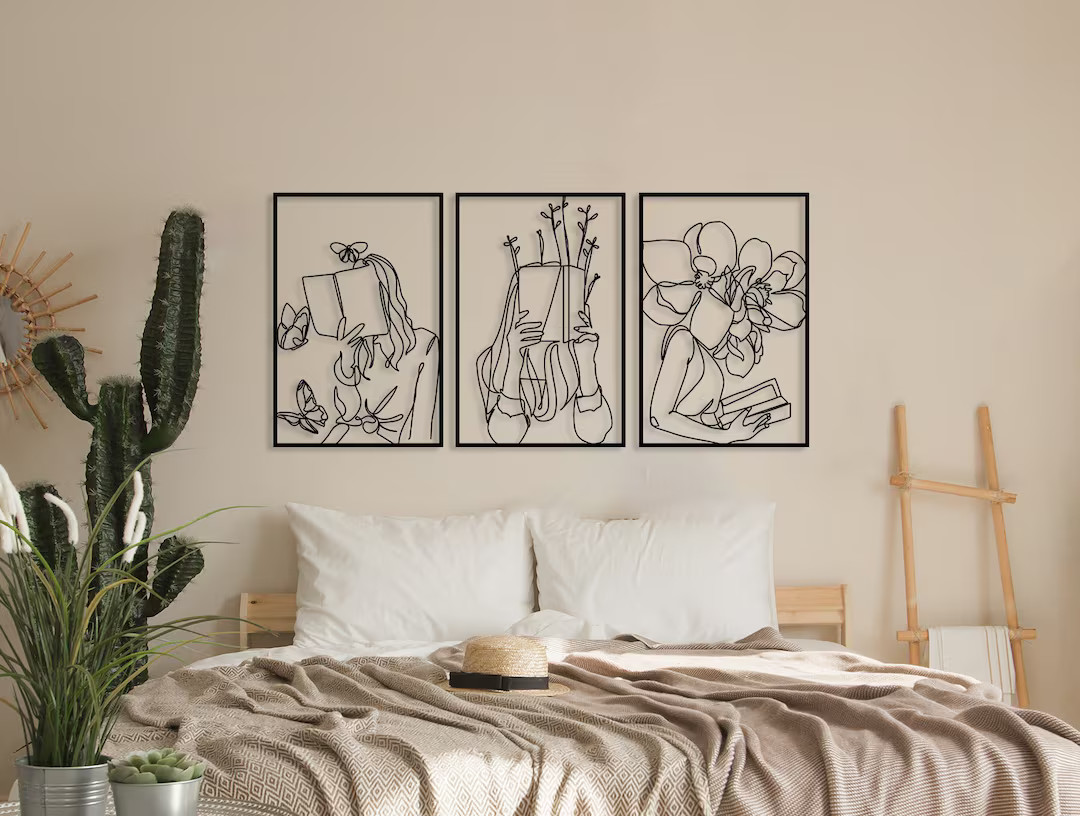 Set of 3 Bookish Metal Wall Art, Woman with Flowers Decor, Book Lovers Gift, Library Decor, Book ... | Etsy (US)