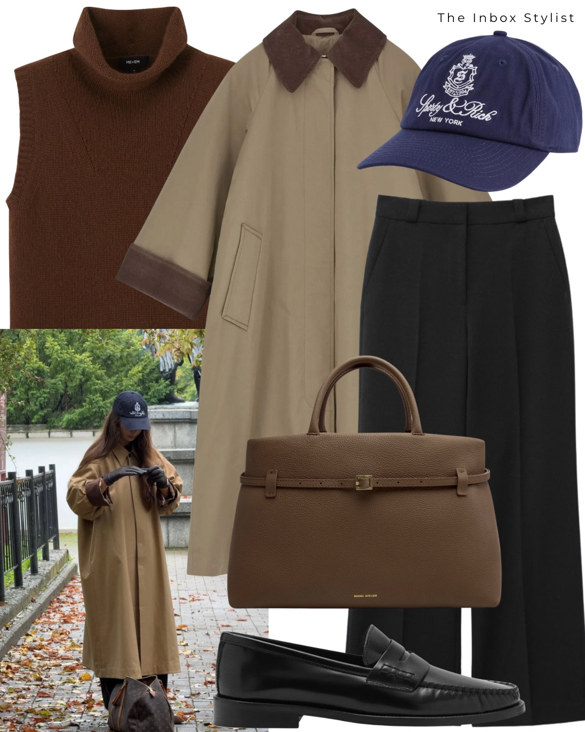 A car coat is a staple for a rainy day  

Including car coat, brown sleeveless jumper, black tailored trousers, logo cap, brown handbag, loafers. 