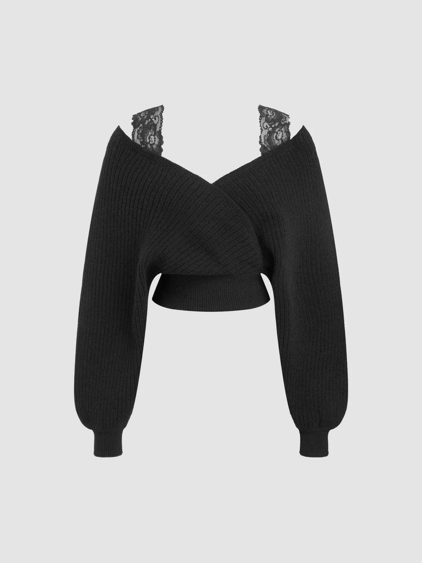 V-neck Solid Lace Knitted Long Sleeve Crop Top | Cider