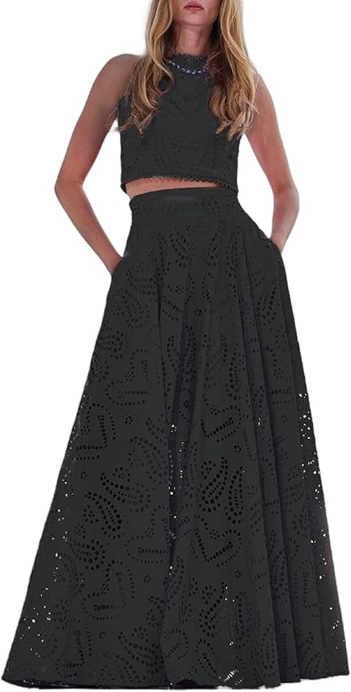 Faretumiya Women Eyelet Maxi Skirt Set Lace Embroidered Tank Crop Top Flowy Long Skirt Set Boho T... | Amazon (US)