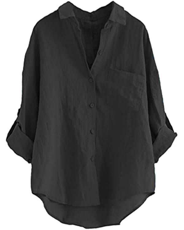 Minibee Women's Linen Blouse High Low Shirt Roll-Up Sleeve Tops | Amazon (US)