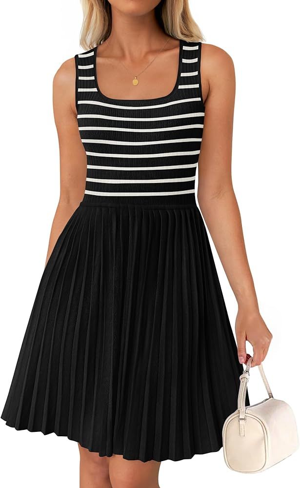 ZESICA Women's Summer Sleeveless Mini Dress 2024 Square Neck Striped Knit A Line Pleated Tank Dre... | Amazon (US)