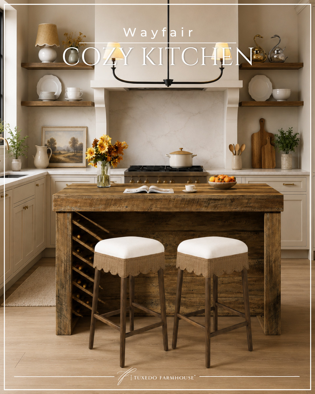 Cozy just called… and it wants this kitchen 🤍✨

This warm, farmhouse-inspired space is the perfect blend of elegance + everyday comfort—from the rustic wood island to the soft neutral palette and charming vintage touches. The layered lighting, open shelving, and curated accents make it feel styled yet completely livable. 

 #LTKSeasonal #LTKHome #LTKSaleAlert