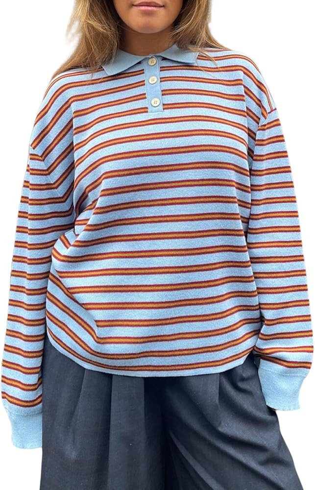 Oversized Striped Sweater for Women Collared Long Sleeve Preppy Polo Sweater Vintage Aesthetic Kn... | Amazon (US)
