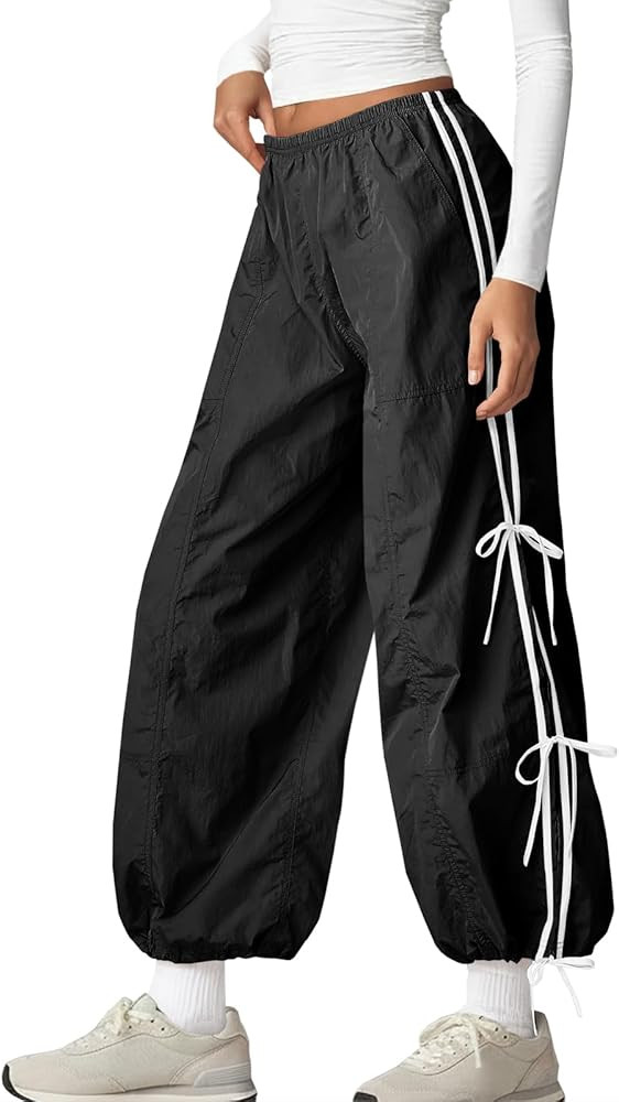Fisoew Womens Wide Leg Track Pants Casual Elastic Waist Bow Tie Y2K Baggy Sweatpants with Pockets | Amazon (US)