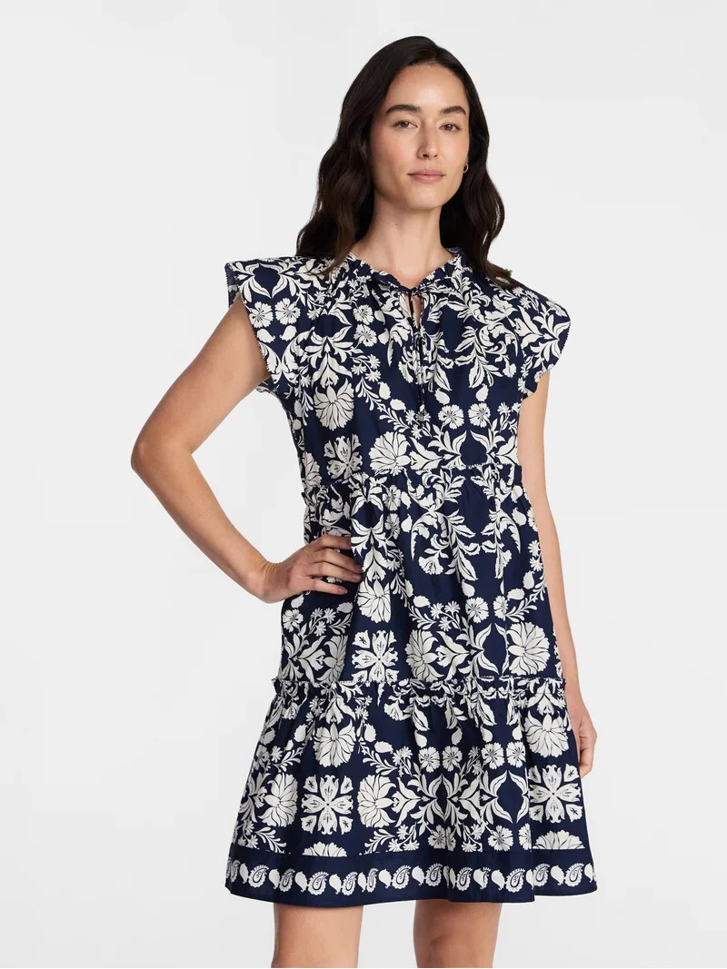 Time and Tru Women's and Women's Plus Tiered Cotton Mini Dress with Flutter Sleeves, Sizes XS-4X | Walmart (US)