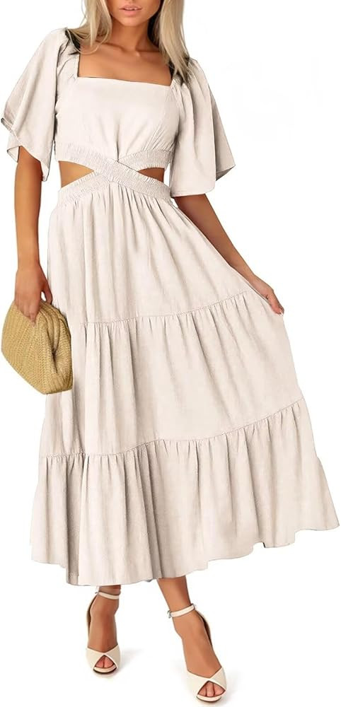 Acelitt Women's Casual Backless Short Sleeve Square Neck Tiered Ruffle Cut Out Dresses, S-XL | Amazon (US)