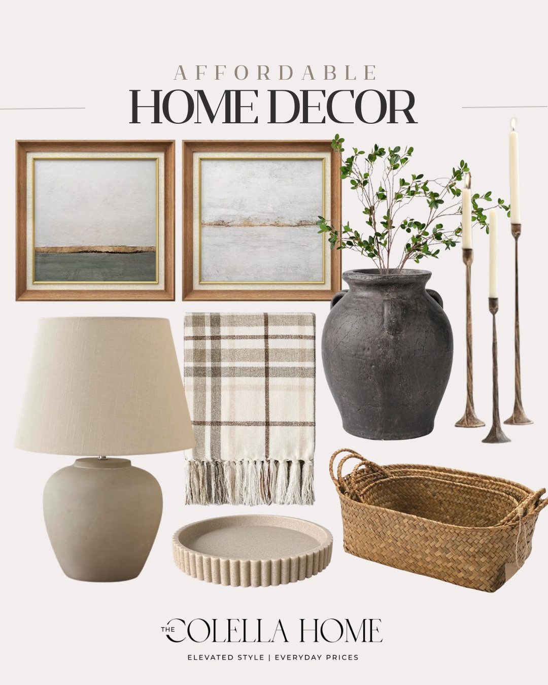 Affordable home decor includes wall art, vase, greenery, candlestick holders, baskets, tray, throw blanket, table lamp.

Home decor, neutral home decor, affordable home decorr

#LTKHome #LTKFindsUnder100 #LTKFindsUnder50