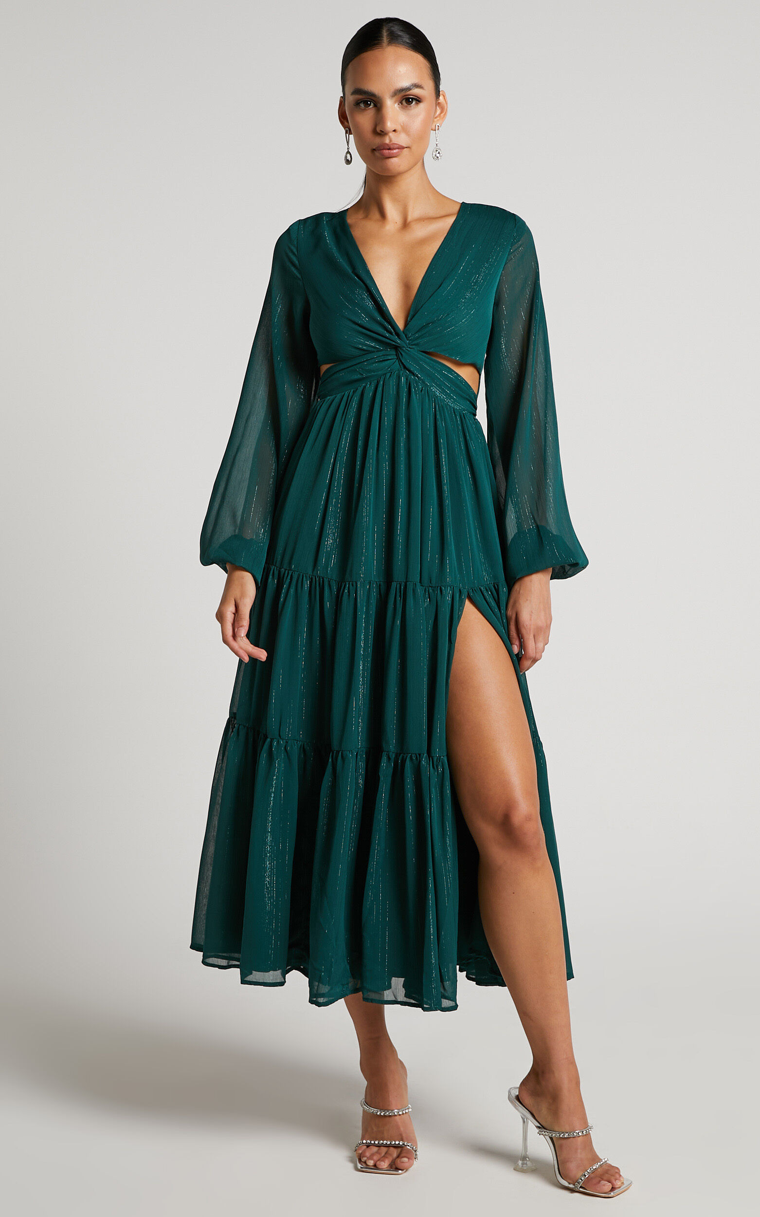 Edelyn Midi Dress - Cut Out Balloon Sleeve Tiered Dress in Emerald | Showpo (US, UK & Europe)