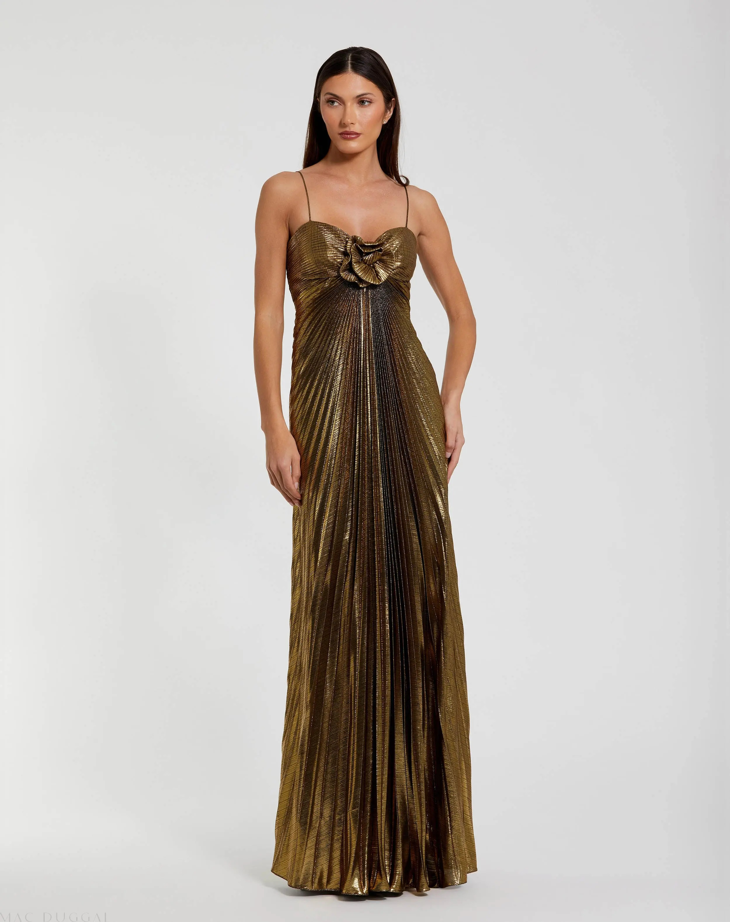 Gold Thin Strap Pleated Metallic Gown With 3D Flower - Mac Duggal | Mac Duggal