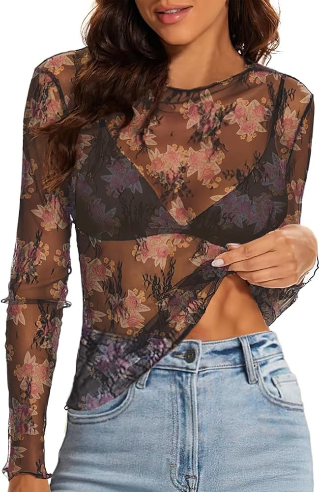 WIHOLL Womens Mesh Sheer Tops Sexy Crew Neck Summer Loose FIt Party Clubwear Shirts | Amazon (US)