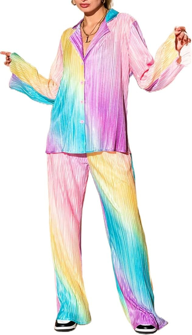 Creaion Women's Trendy Pleated Beach Matching Sets Summer Long Sleeve Button Down TShirt Micro Fl... | Amazon (US)