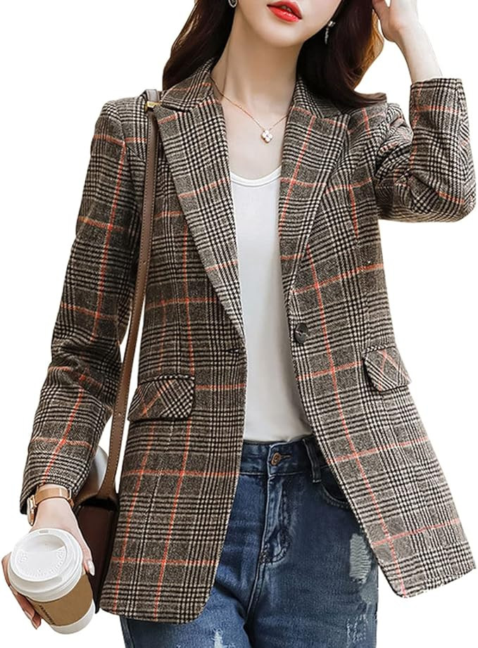 ebossy Women's Notch Lapel 2 Button Boyfriend Blazer Suit Houndstooth Plaid Jacket Coat | Amazon (US)