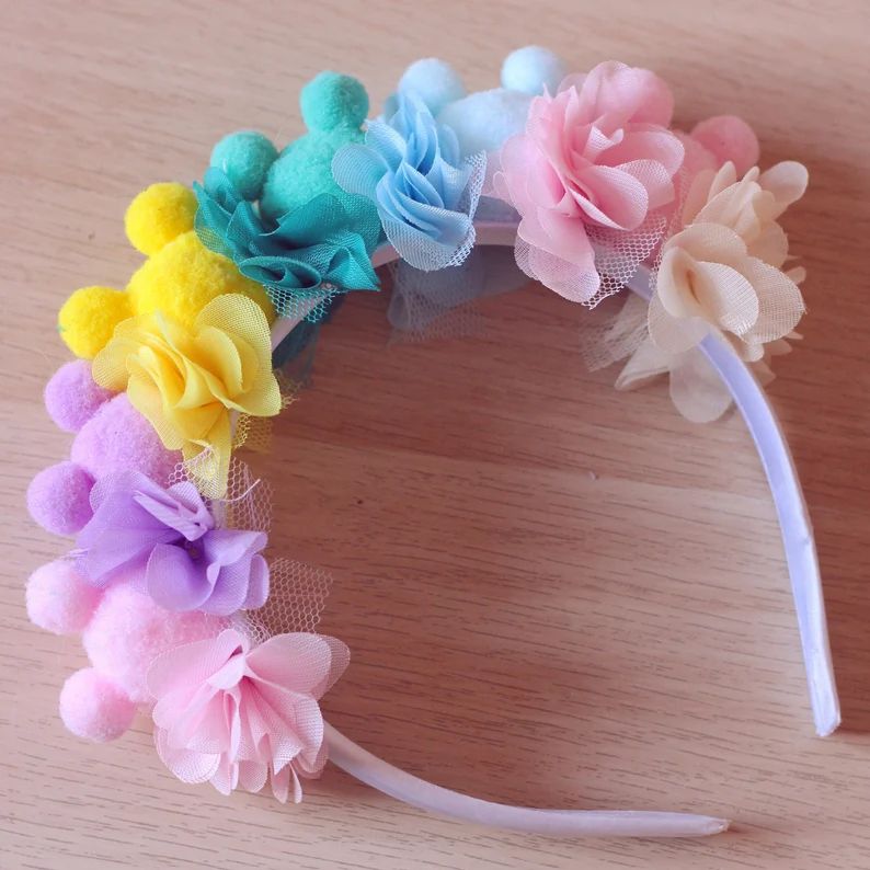 Pastel Flower Pom Pom Rainbow Mickey Headband | Etsy | Etsy (US)