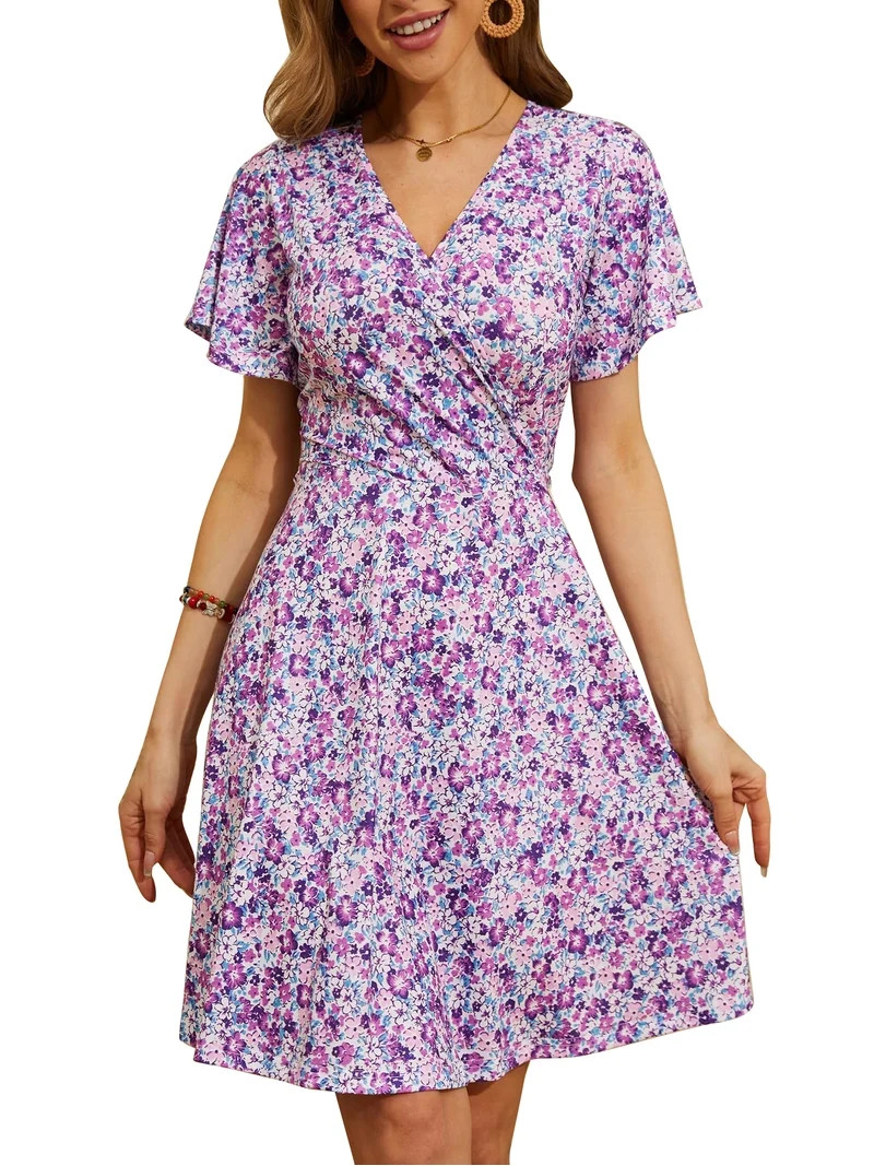 UVN Summer Dresses for Women Short Sleeve V Neck A-Line Midi Dress Boho Beach Floral Print Sundre... | Walmart (US)