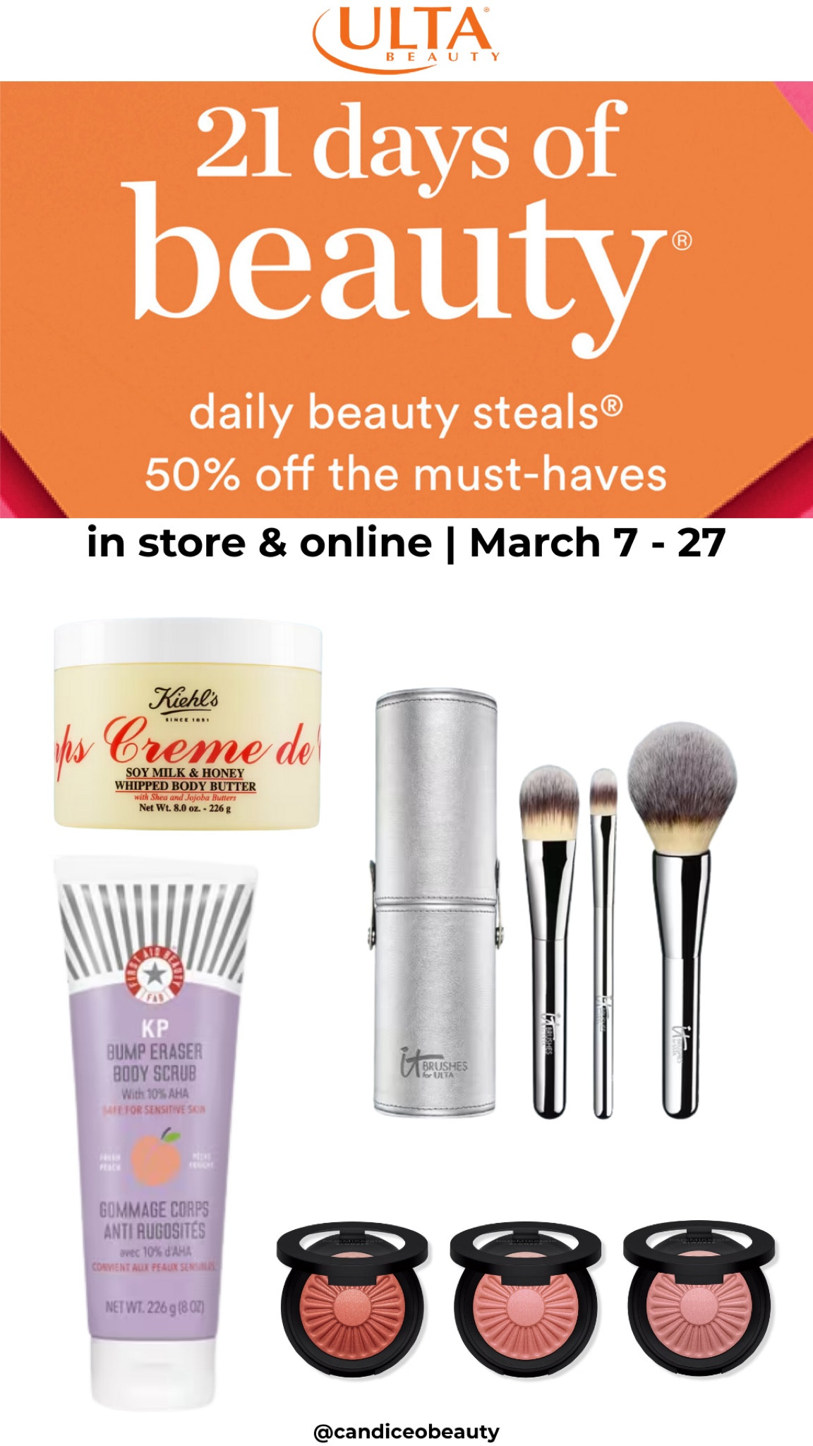 March 11 deals for ULTA 21 Days of beauty. Get 50% off your favorites or try something new March 7-27 

#LTKBeauty #LTKSaleAlert #LTKOver40