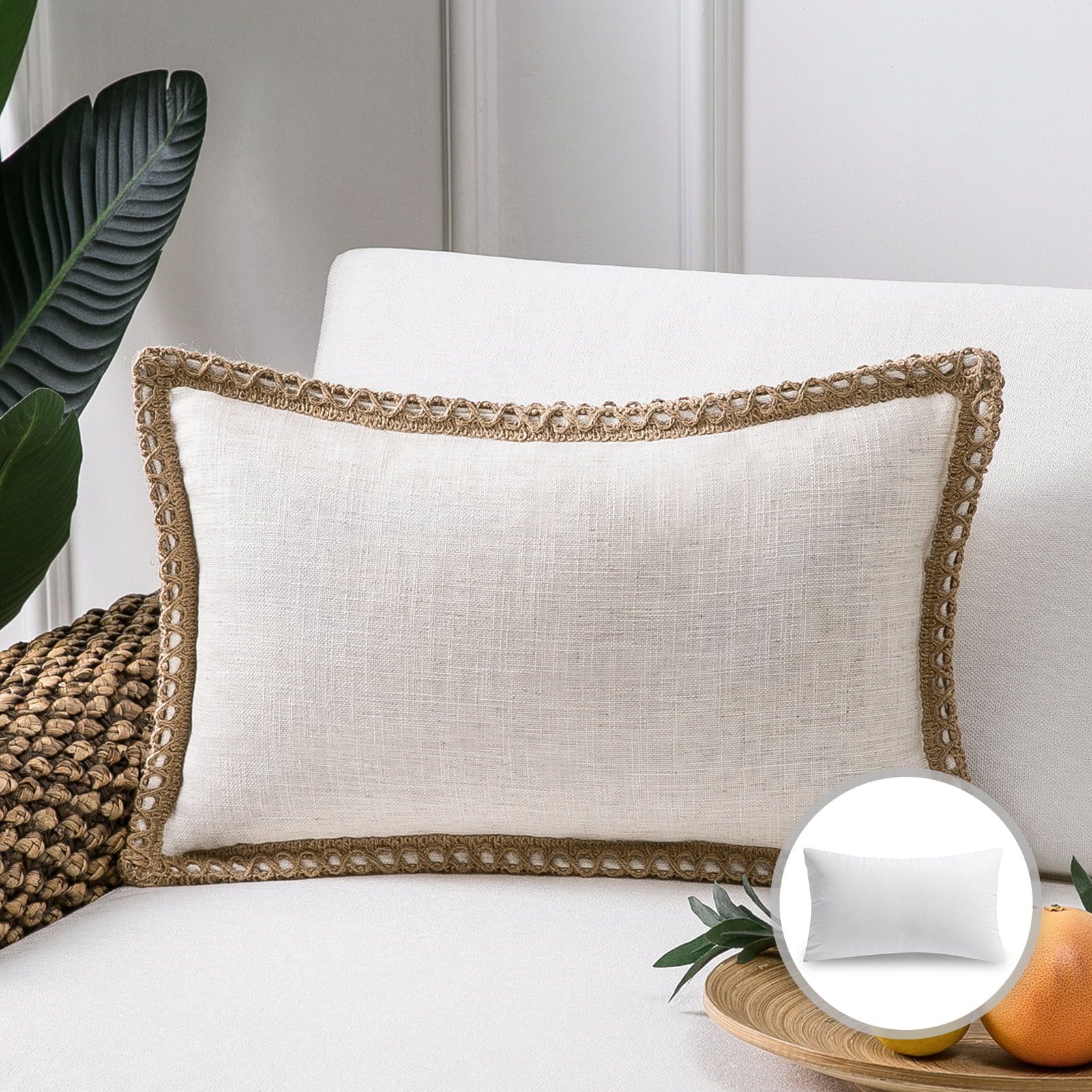 Phantoscope Linen Trimmed Farmhouse Series Decorative Throw Pillow, 12" x 20", Off White, 1 Pack | Walmart (US)