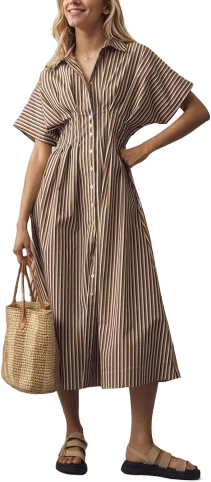 LADYFUL Women's Button Down Shirt Dress Short Sleeve Elegant Midi Dress Work Party Wedding Guest ... | Amazon (US)