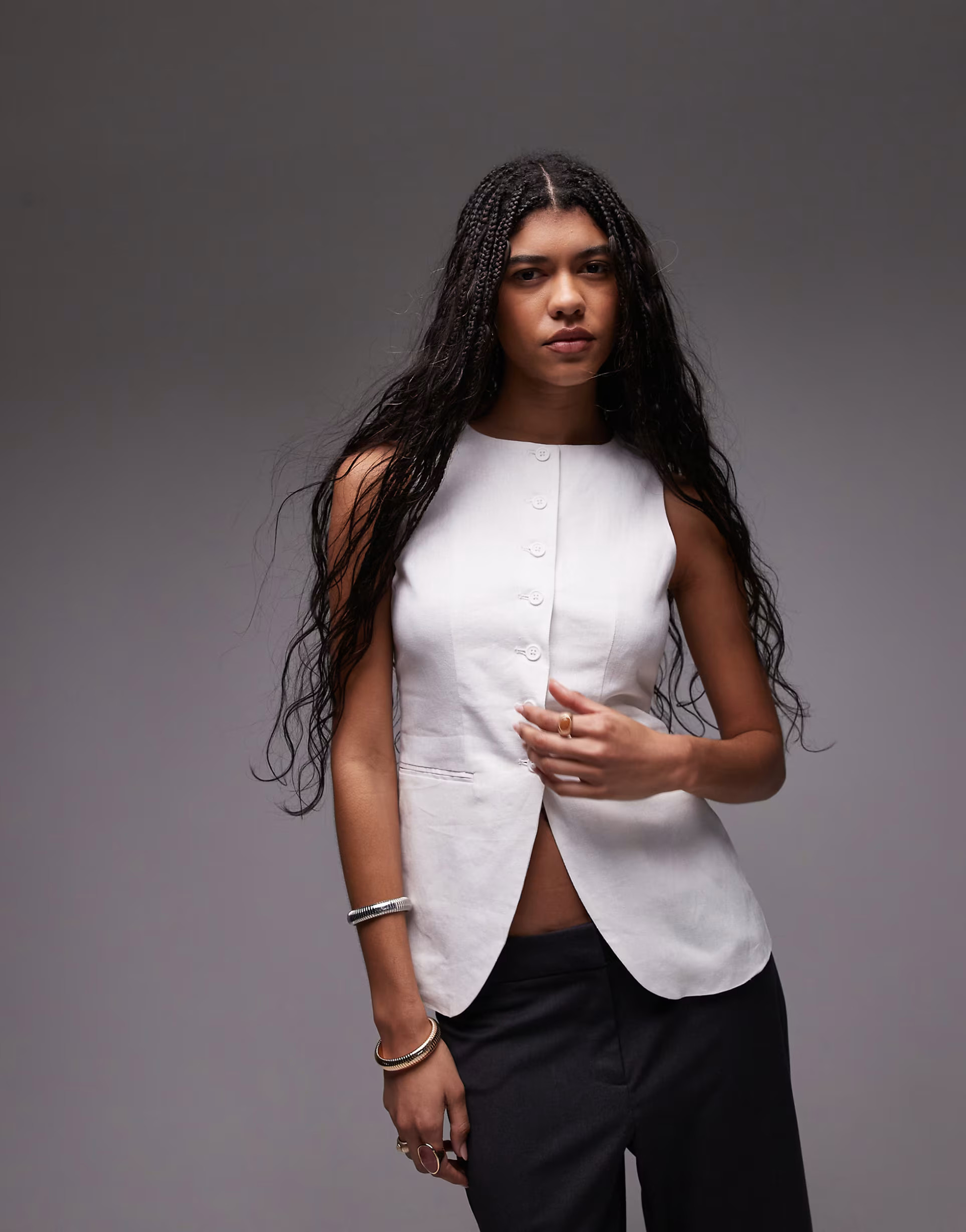 Topshop linen longline fitted waistcoat with pockets in white | ASOS (Global)