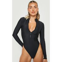 Womens Long Sleeve Zip Up Bathing Suit - Black - 10 | boohoo (US & Canada)