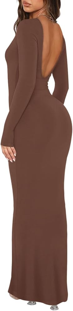 REORIA Womens Sexy V Backless Soft Lounge Long Dress Fall Casual Boat Neck Long Sleeve Ribbed Bod... | Amazon (US)