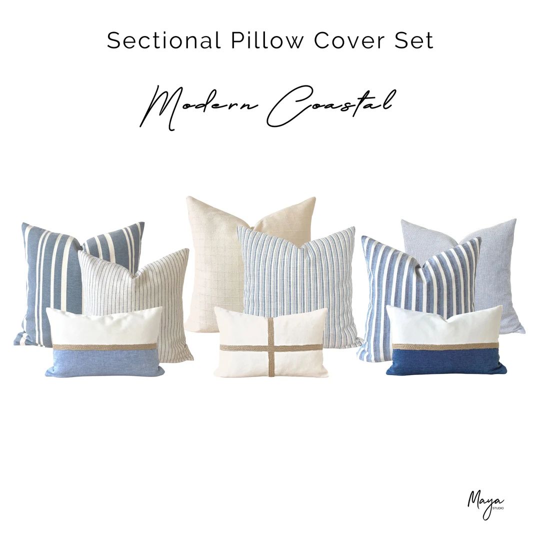 Sectional Linen Pillow Cover Set, Blue Coastal Pillow Covers, Neutral Linen Throw Pillow Covers, ... | Etsy (US)
