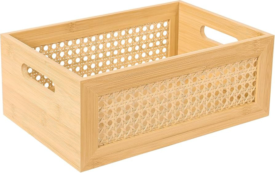 Large Rattan Storage Basket Handmade Natural Bamboo Woven Storage Bin with Wooden Frame & Handles... | Amazon (US)