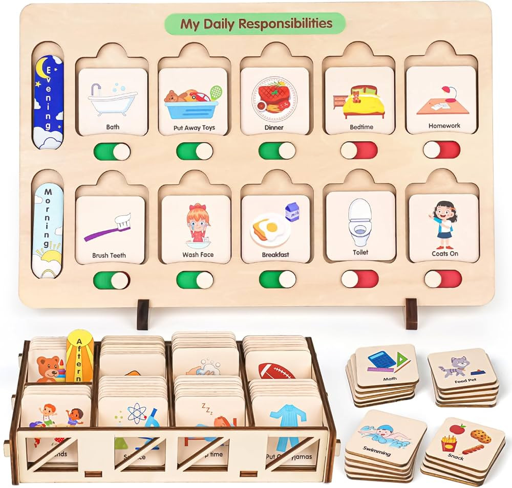 Dreamon Wooden Visual Schedule for Kids Chore Chart, Morning Bedtime Routine Charts for Kids Todd... | Amazon (US)