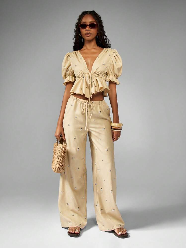 MISSGUIDED Puff Sleeve Linen Feel Ruffle Coordinates Set Wide Leg Embroidered Flutter Hem Travel Resort Festival Holiday Summer Spring Outfit | SHEIN