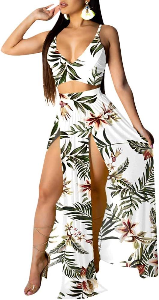 Aro Lora Women's Sexy V Neck Floral Printed Side Slit Two-Piece Maxi Dress | Amazon (US)