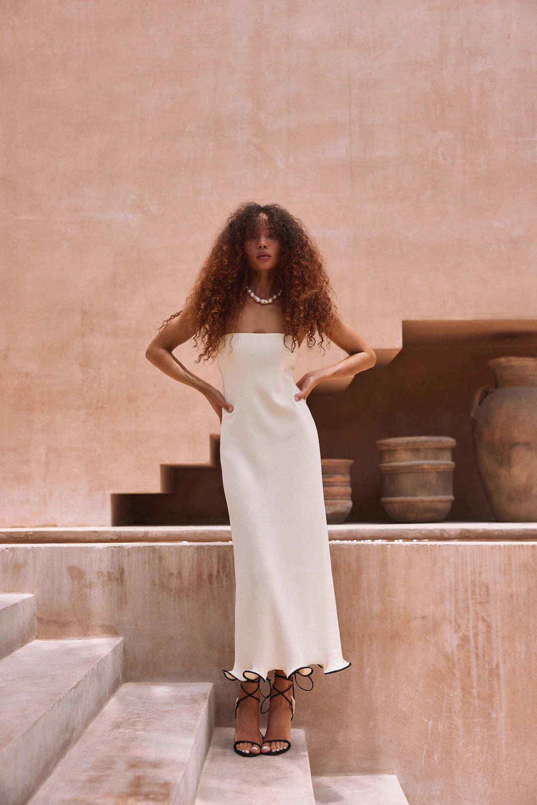 Ruffle Hem Strapless Dress (Cream/Black) | SAME