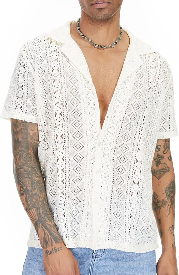 AstoSeu Mens Lace Shirt Short Sleeve Floral Sheer Button Down Holiday Hollow Out See Through Shir... | Amazon (US)