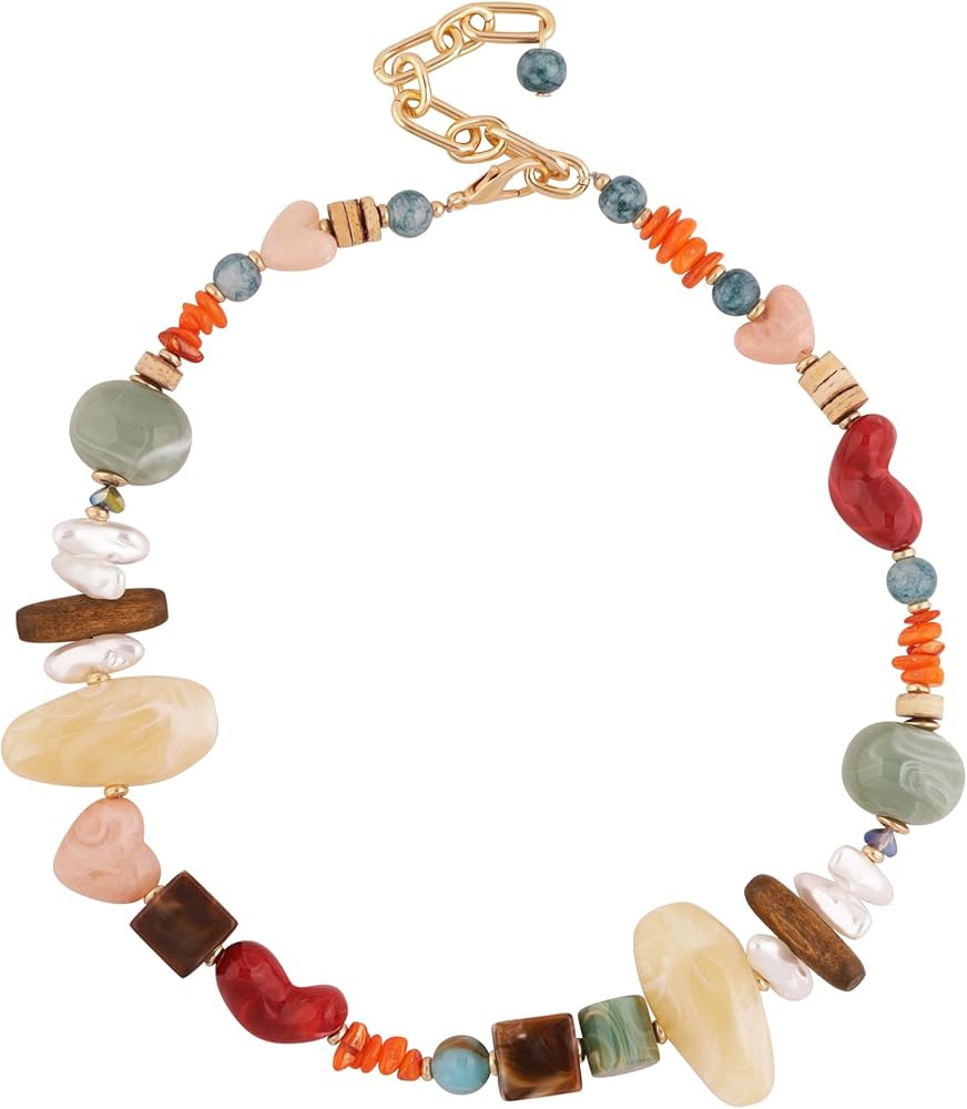 MINACHI Boho Chunky Statement Necklace for Women, Vintage Style with Milky White, Blue and Brown ... | Amazon (US)