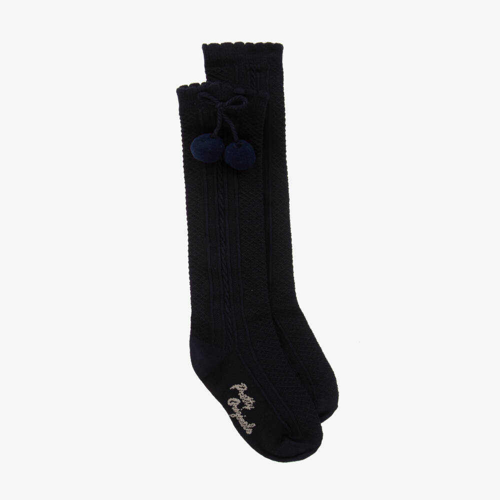 Girls Navy Blue Pom-Pom Cotton Socks | Childrensalon