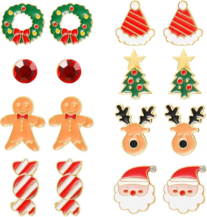 Tatuo 8 Pairs Christmas Charm Stud Earrings Set, Holiday Earrings Christmas Earring for Hers Wome... | Amazon (US)