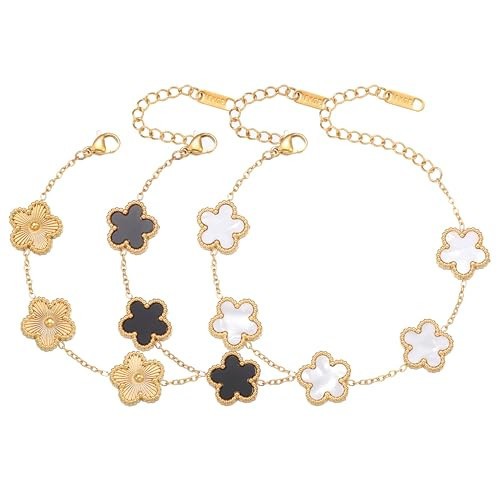 FUNIO Four Leaf Clover Bracelet Set for Women - 3Pcs 18K Gold Plated Flower Lucky 4 Leaf Link Bracelet Jewelry Gift for Women Van Cleef | Amazon (US)